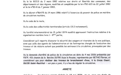 ARRETE 44.26 TRAVAUX DE BRANCHEMENT D&rsquo;EAU A LA CROZE OUEST