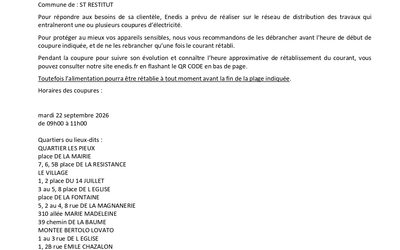 COUPURES DE COURANT POUR TRAVAUX LES 22 et 24 SEPTEMBRE 2026