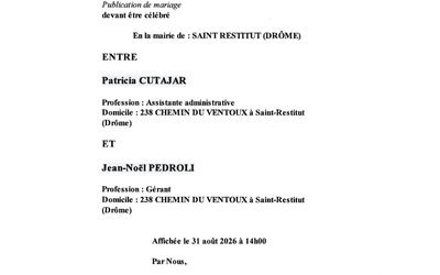 Publication de Mariage : Patricia CUTAJAR et Jean-Noël PEDROLI