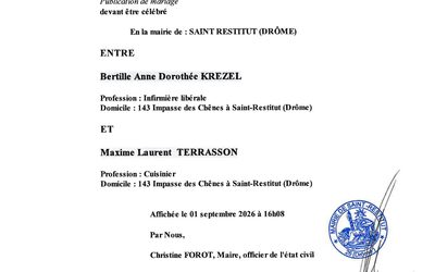 Publication de Mariage : Bertille, Anne, Dorothée KREZEL et  Maxime, Laurent TERRASSON